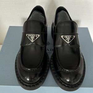 Prada Chocolate Brushed Leather Loafers in Black, Size 8